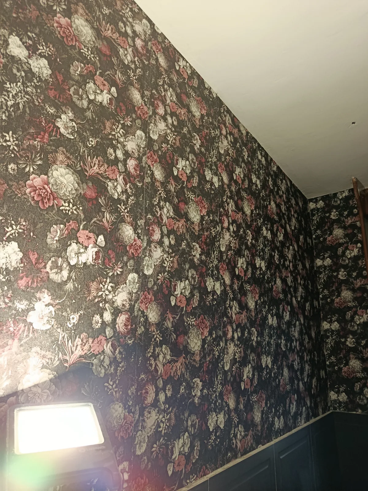 Carta da parati floreale e boiserie scura